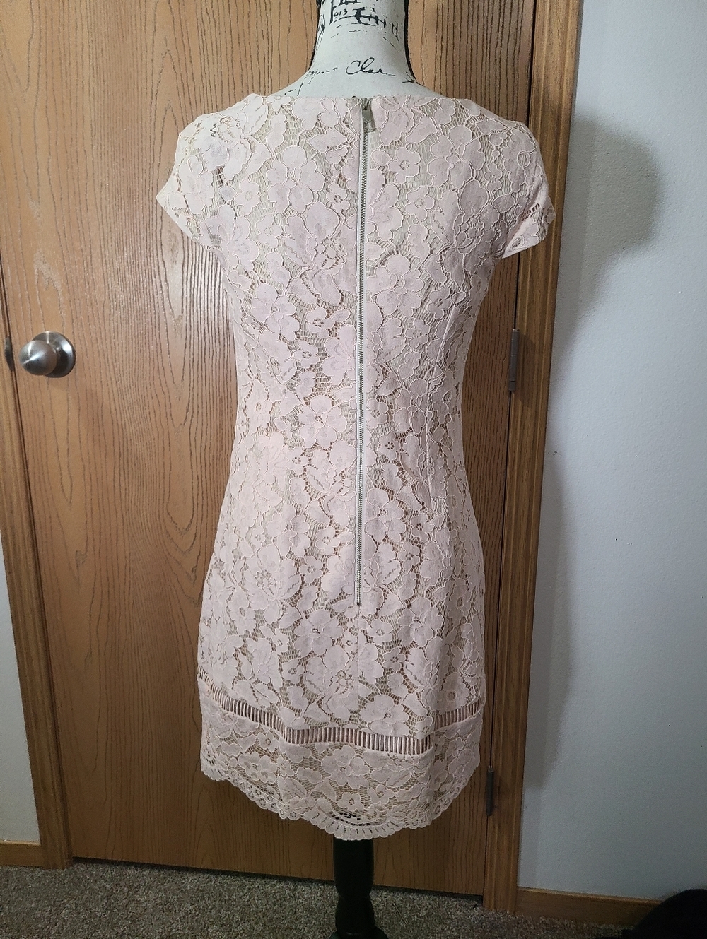 Vince Camuto Blush Nude Lace Cap Sleeve Scallop Hem Cocktail Wedding Guest Dress - Picture 4 of 5